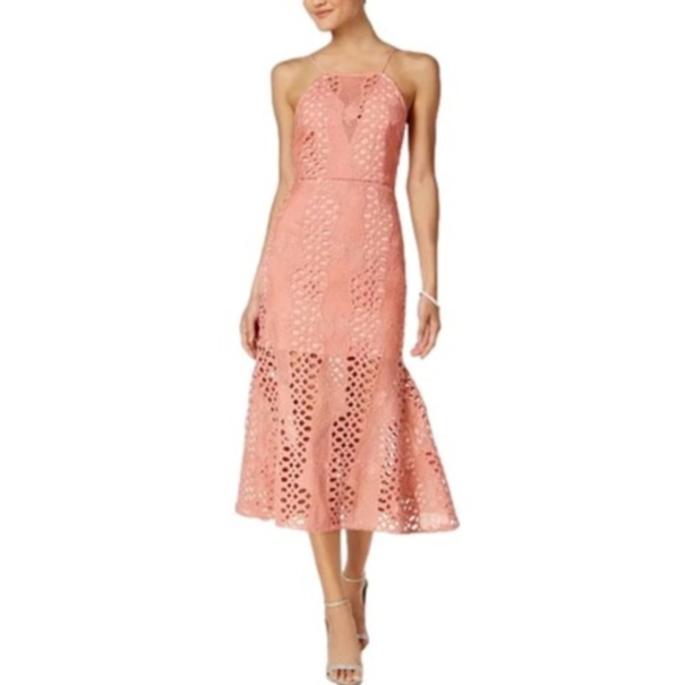 Endless Rose Pink Lace Fishtail Midi Dress Spaghetti Strap Halter‎ Neck azalea